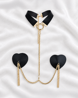 Heart-Shaped Tassel Nipple Covers with Choker & Gold Chains