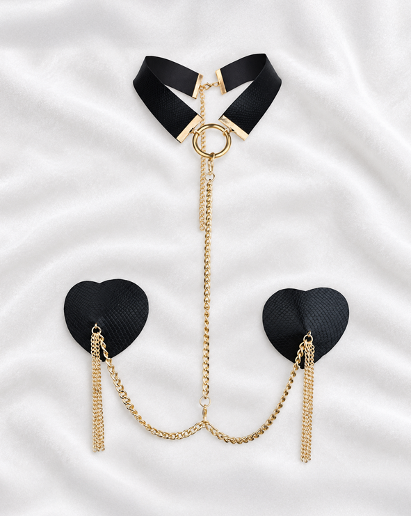 Heart-Shaped Tassel Nipple Covers with Choker & Gold Chains - Black