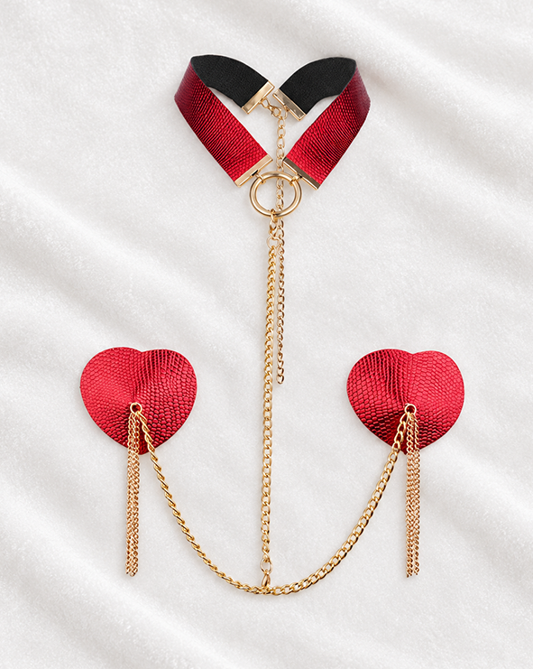 Heart-Shaped Tassel Nipple Covers with Choker & Gold Chains
